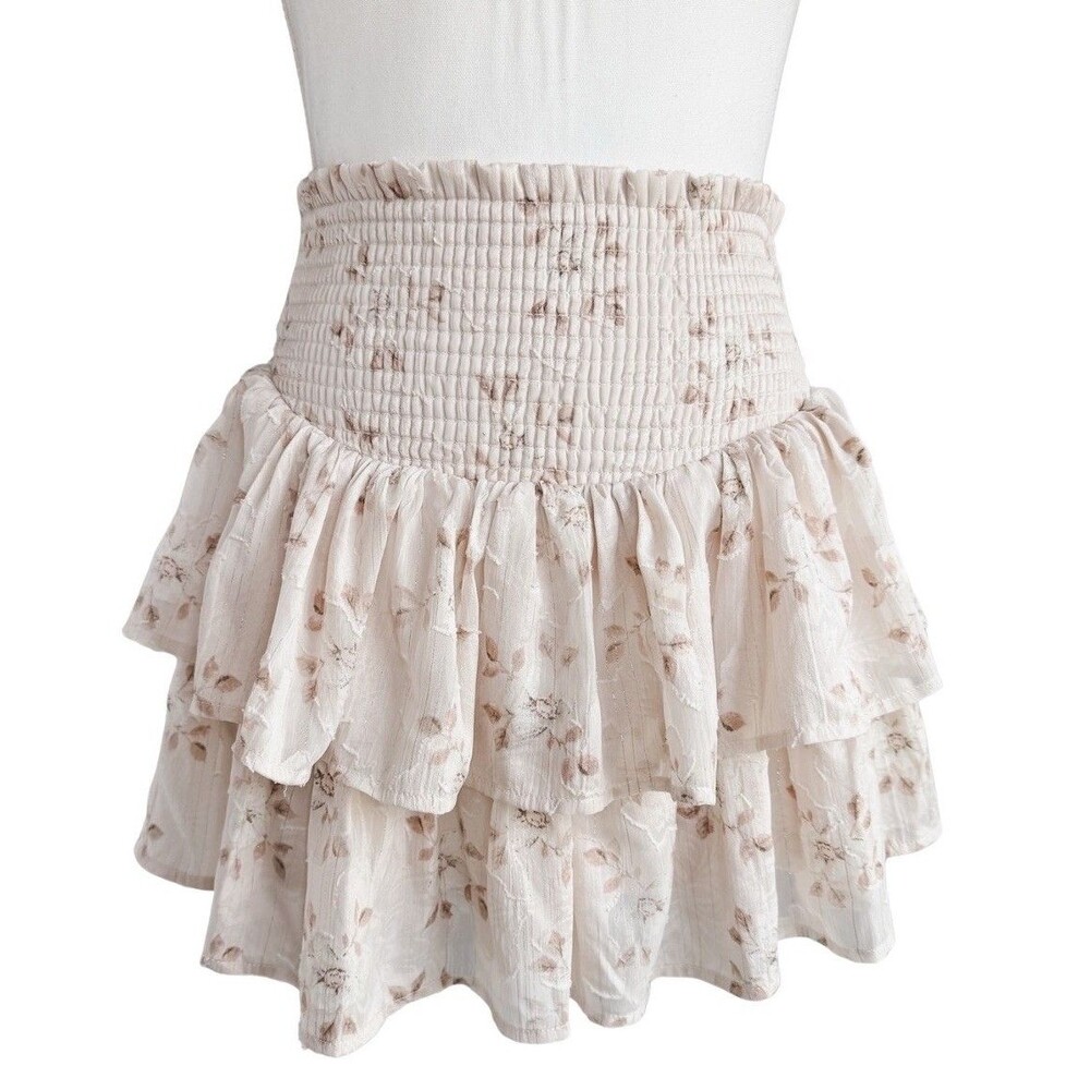 Altar’d State Floral Tiered Mini Skirt Smocked Waist Ruffle Ivory XXS Boho